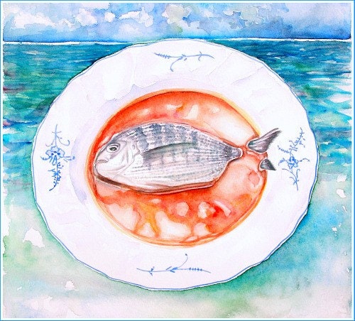 Mediterranean Fish Soup with Saffron, food still life painting, kitchen art, watercolor