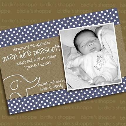 Sweet Modern Feel Photo Birth Announcement with Elephant and Dots, Any Colors