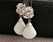 Rhinestone Ball Earrings Long Drop Earrings White Earrings Teardrop Earrings Sparkle Jewelry Romantic Bride Vintage Wedding - Ava