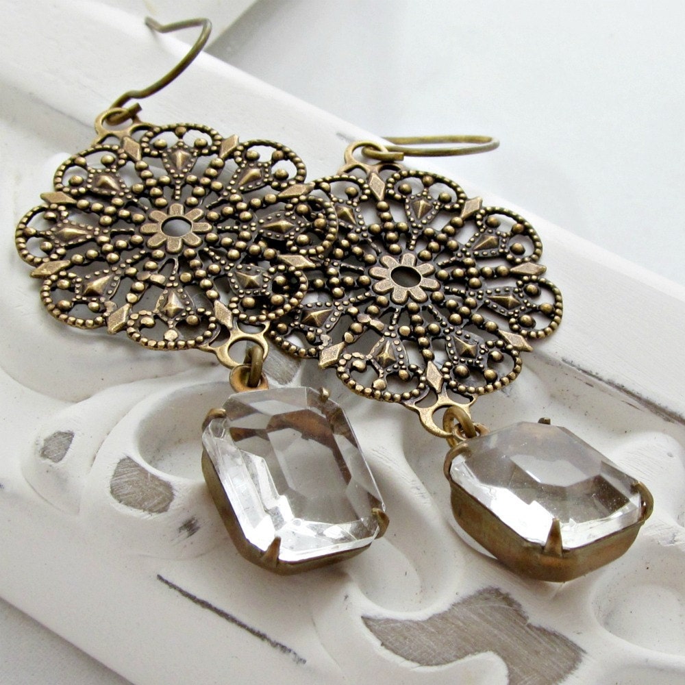 Lace Filigree Earrings Rhinestone Earrings Vintage Rhinestone Jewelry Rustic Antique Brass Bridal Earrings - Anya