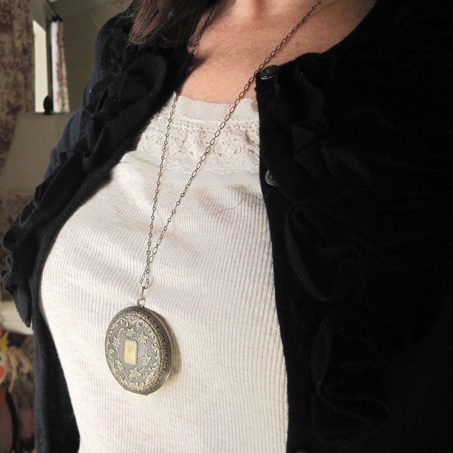 Engraved Floral Locket Necklace Vintage Inspired Locket Photo Locket Boho Necklace Victorian Locket Antique Brass Long Locket Necklace