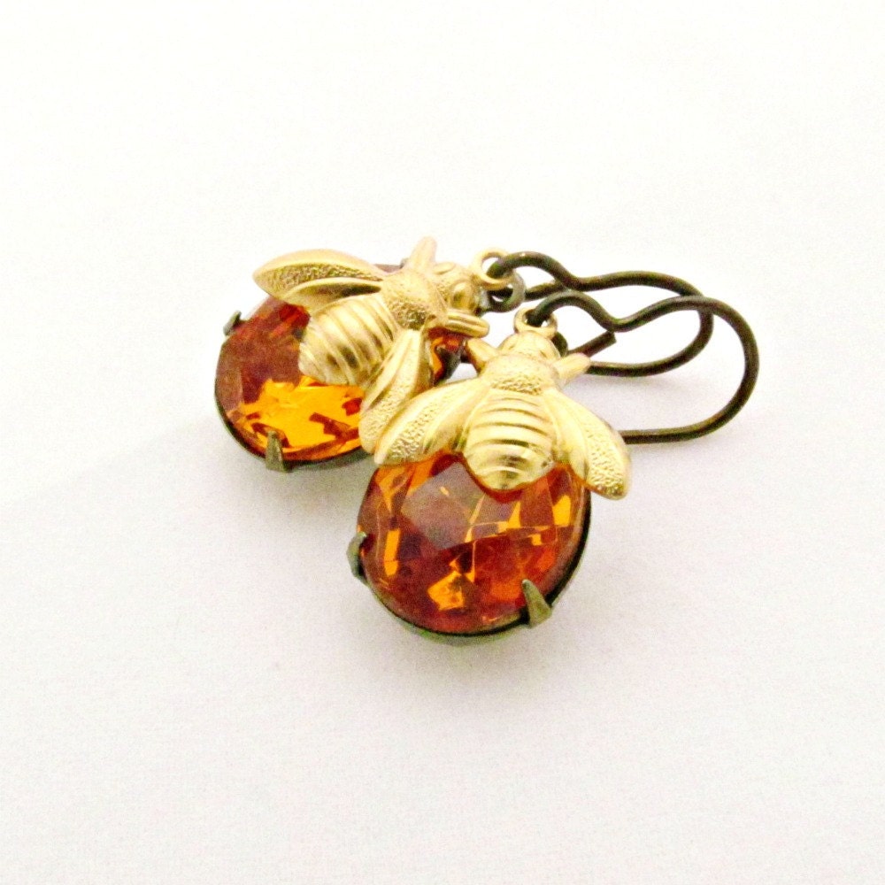 Bee Earrings Topaz Earrings Amber Earrings Rhinestone Jewelry Vintage Glass Jewels Honey Bee - Sweet Marmalade