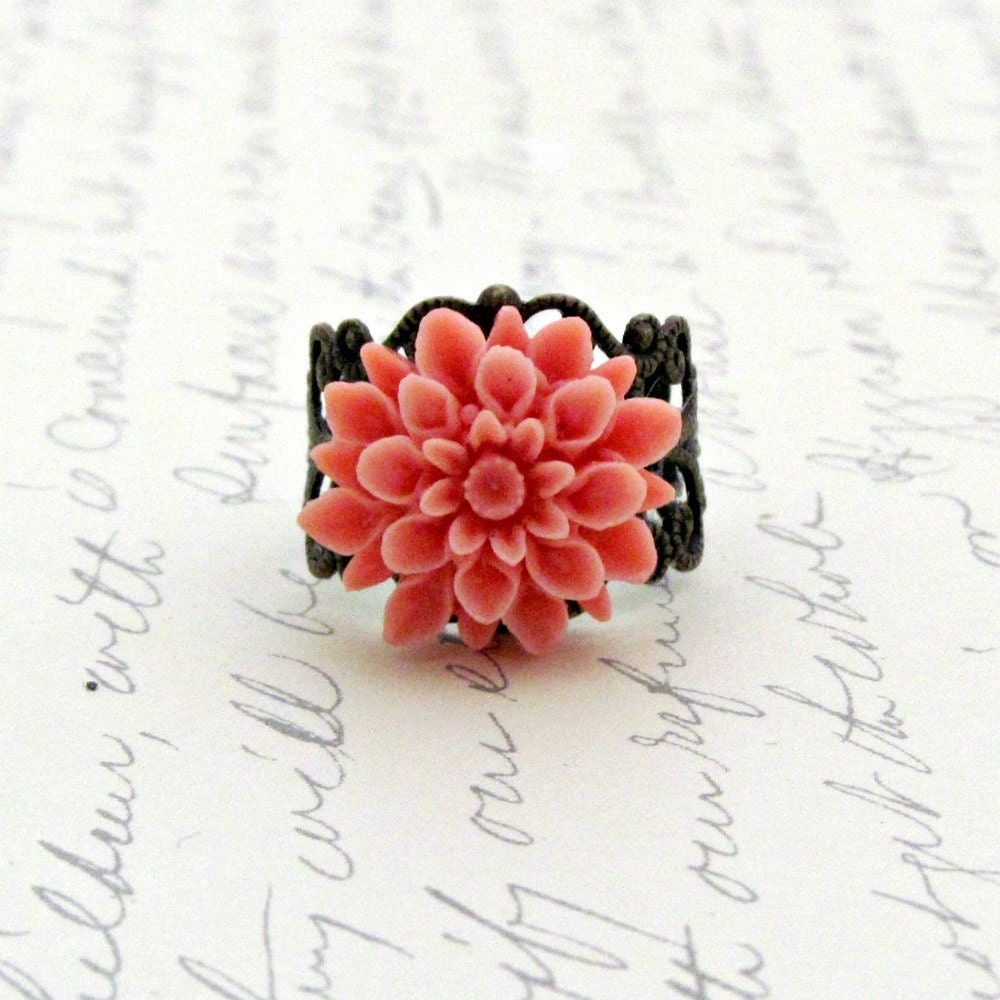 Coral Flower Ring, Tangerine Flower Ring, Dahlia Ring, Vintage Style Ring, Cocktail Ring, Filigree Ring, Bridesmaid Gift - Tangerine Dreams