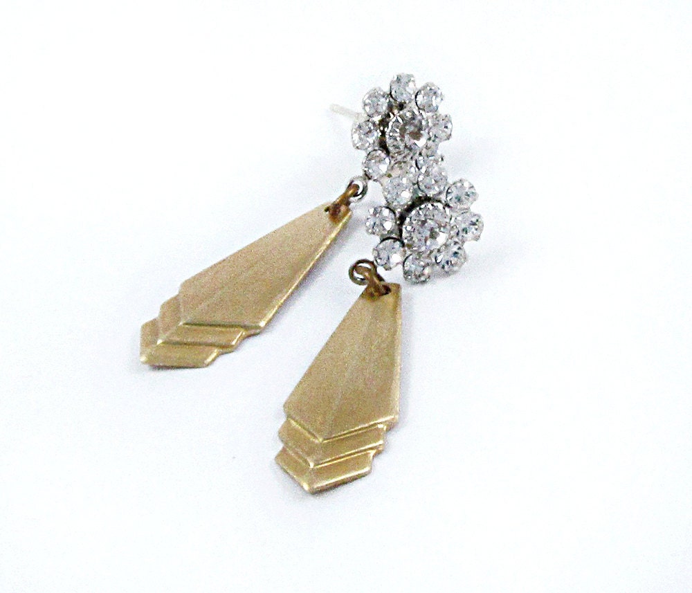 Art Deco Earrings Chevron Earrings Rhinestone Earrings Geometric Earrings Silver Flower Earrings Vintage Style Mid Century Modern - Angelin