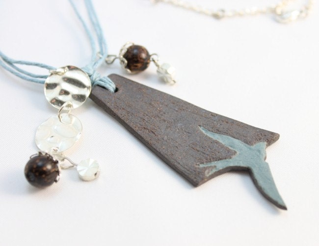 Blue Bird in Flight Ceramic Pendent Necklace