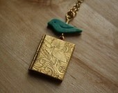 Turquoise Blue Bird and Vines Book Locket Pendant, Long Gold Necklace, Floral Jewelry, Photo Frames, Whimsical Fashion
