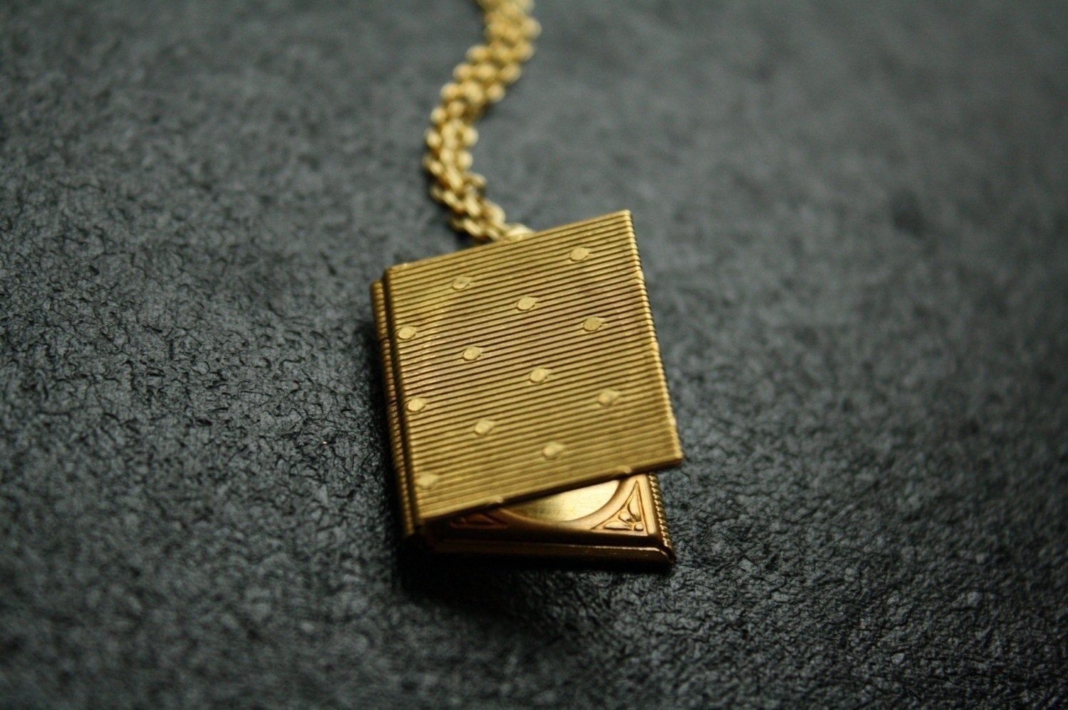 Polka Dots Book Locket Pendant, Long Gold Chain, Raw Brass, Photo Necklace, Vintage Style Jewellery, Unique Jewelry