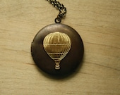 Long Hot Air Balloon Locket Necklace, Vintage Pendant, Unique, Dark Chain, Gold, Two Tone Metal Jewelry