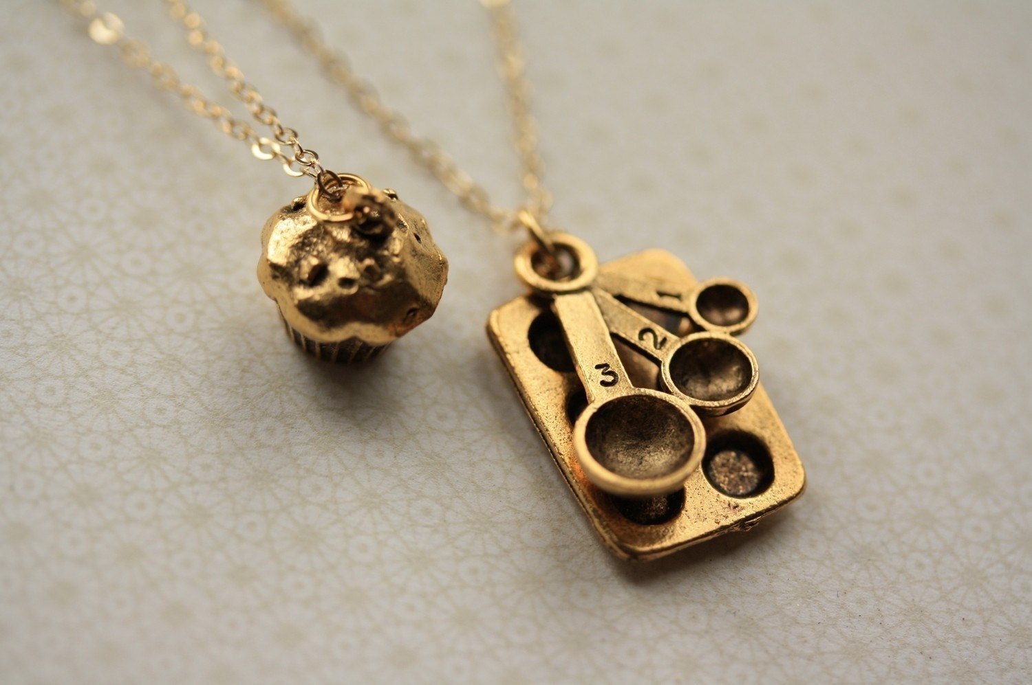 Cupcake Baking Necklace Duo, Gold Baking Pendants, Multiple Chain Jewelry, 14kt Filled Chains, Measuring Spoons and Cupcake, Double, Fashion