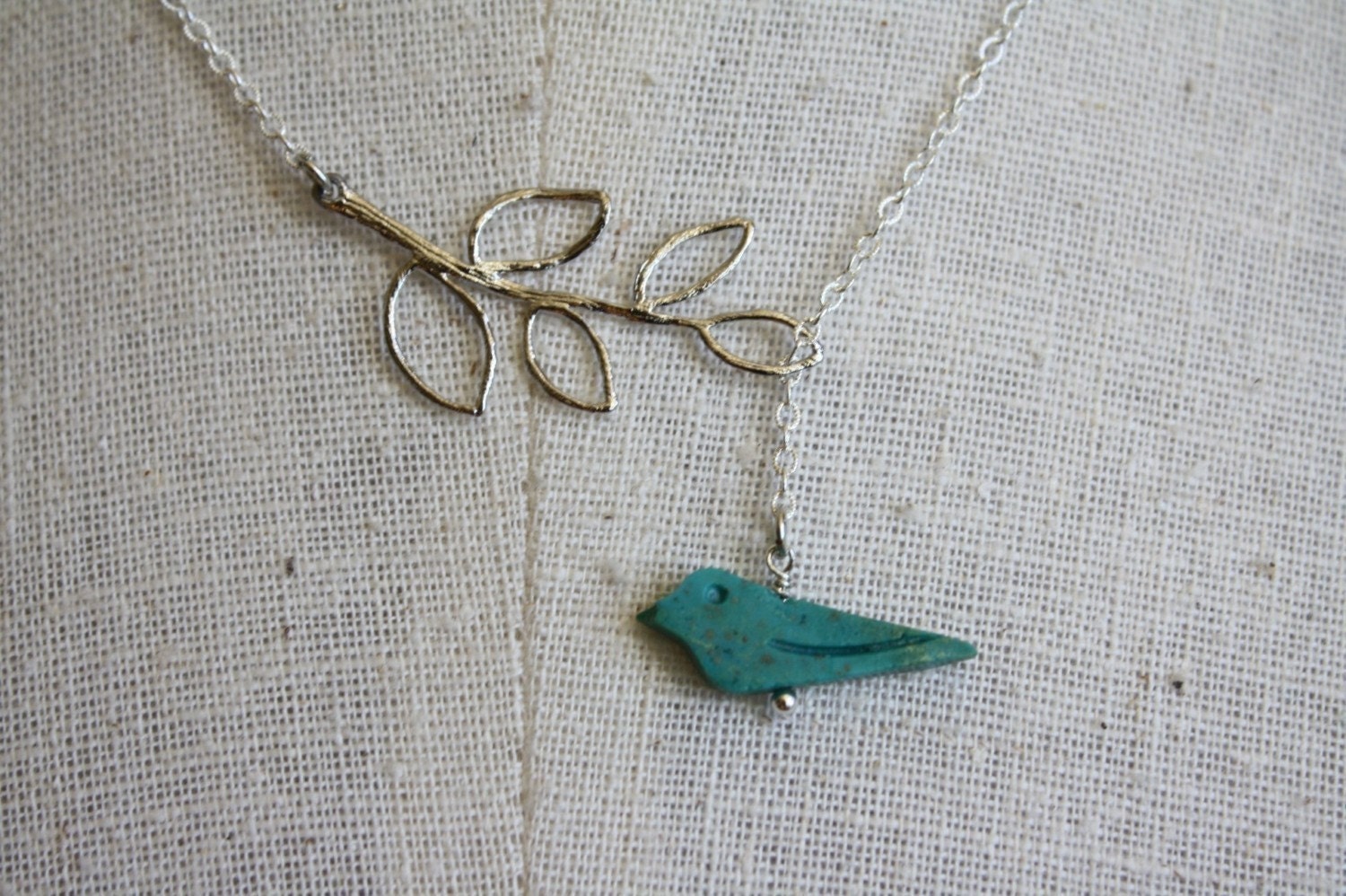 Turquoise Blue Bird and Branch Lariat, Silver Silhouette Necklace, Sterling Chain, Aqua, Bridal Jewelry, Bridesmaids Jewellery, Fashion