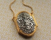 Vintage Bird Locket Necklace, Silver and Gold Pendant, Long Chain, Whimsical Art Nouveau, Perfume Jewelry Fashion