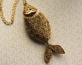 Vintage Fish Locket Necklace, Movable Pendant, Long Gold Chain, Whimsical Perfume, Filigree Floral Pattern, Sea Blue Eye, Hidden Carrier