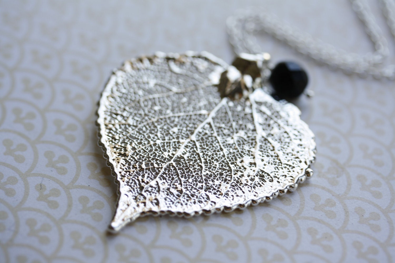 Silver Aspen Leaf Necklace, Metal Dipped, Long Pendant, Genuine Leaf, Wire Wrapped Black Glass, Sterling Silver
