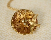 Bird Nest Necklace, Vintage Pendant, Long Gold Chain, White Pearl Eggs, Family Tree Jewelry, Unique Fashion Jewellery