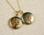 Small Flower Tree Lockets, Colorful Miniature Pendants, 14kt Gold FIlled Chain, Pink, Blue and Yellow Flowers, Duo, Friendship Jewelry