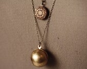 Double Locket and Chain Necklace, Small Filigree Pendant, Multiple, Ball Locket, Long Two Tier, Round, Sphere Shape, Copper, Brass, Layered