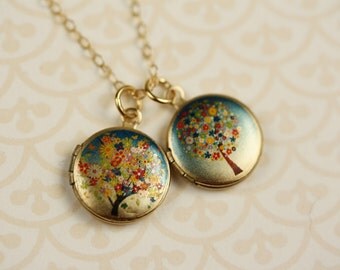 Small Flower Tree Lockets, Colorful Miniature Pendants, 14kt Gold FIlled Chain, Pink, Blue and Yellow Flowers, Duo, Friendship Jewelry
