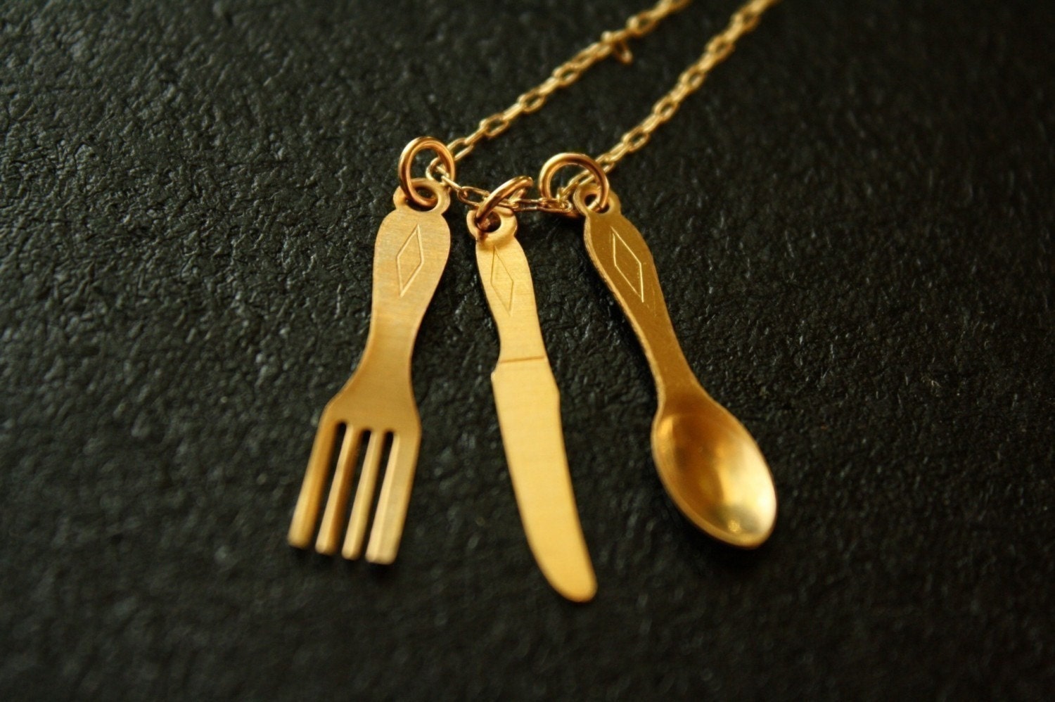 Long Spoon, Fork and Knife Necklace on a 14kt Gold Filled Chain, Eating Utensils, Food
