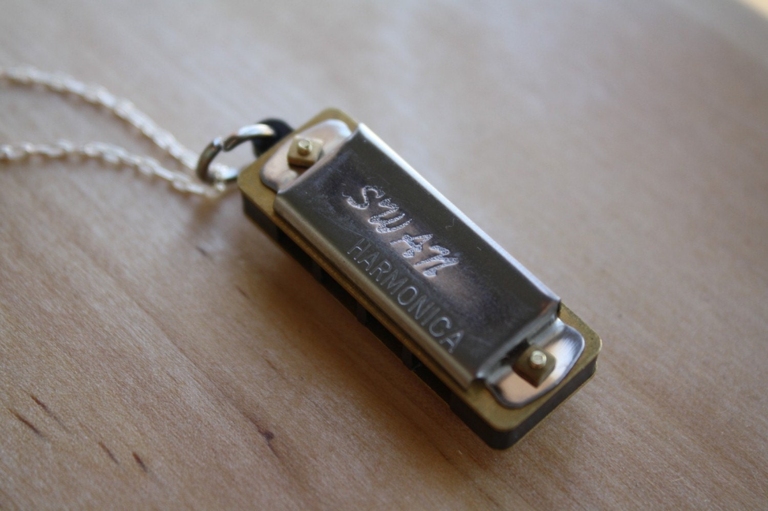The Harmonica Necklace, Long Chain, Silver Swan, Musical Jewelry