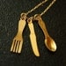 Long Spoon, Fork and Knife Necklace on a 14kt Gold Filled Chain, Eating Utensils, Food
