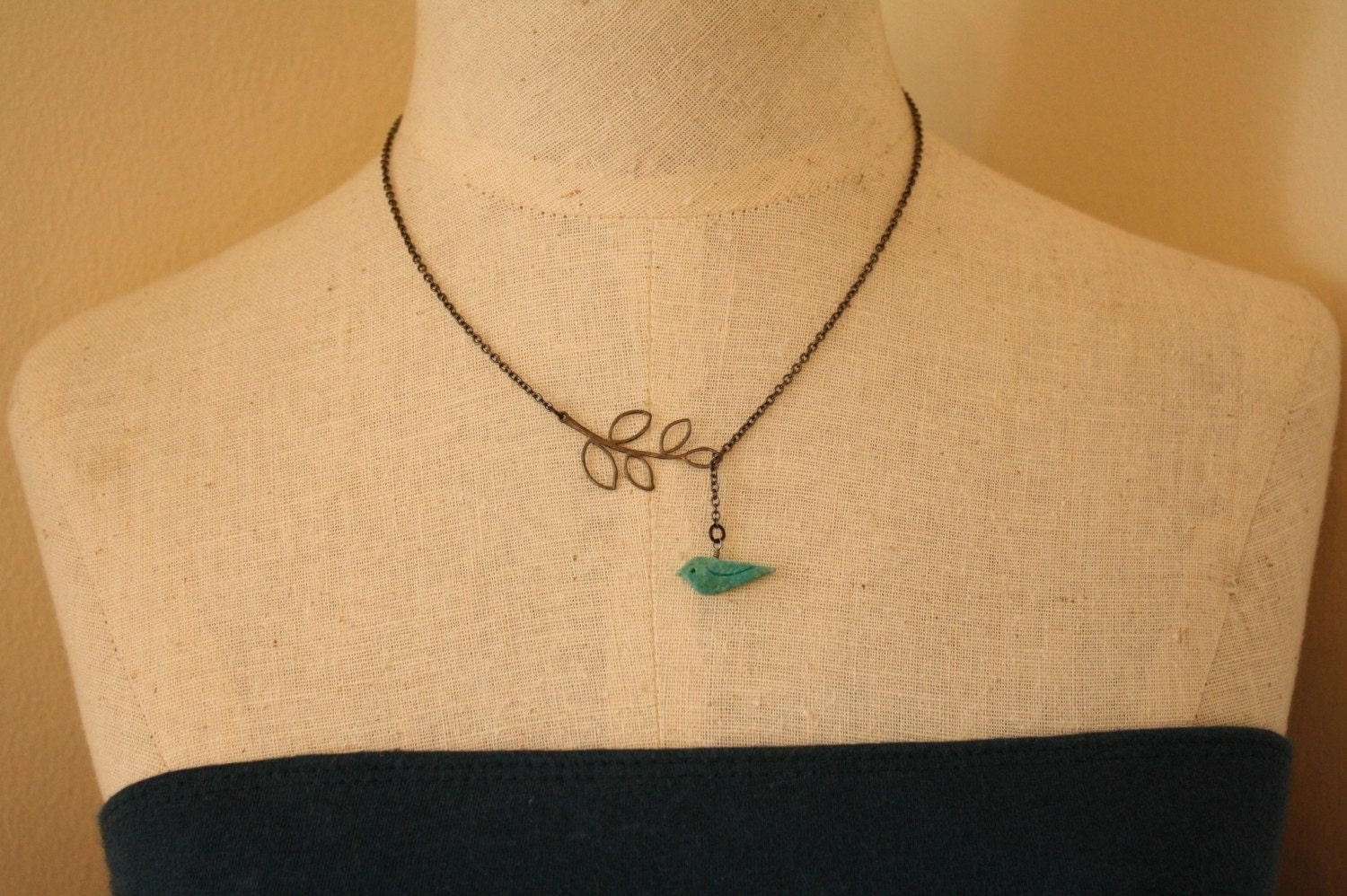 Turquoise Blue Bird and Branch Lariat, Bridal Necklace, Gunmetal Chain, Leaf Silhouette, Jewelry, Bridesmaids Set, Bridal Fashion