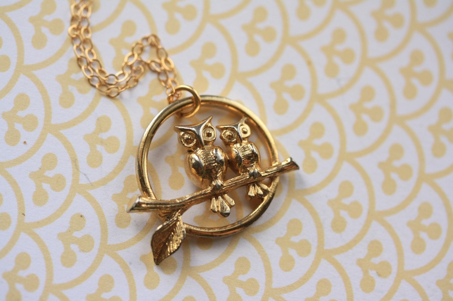 Gold Owls Pendant Necklace, 14kt Gold FIlled Chain, Small Branch, Upcycled Vintage Charm, Two Owls Jewelry, Cute Fashion Gift