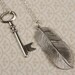 Long Lariat Necklace with Silver Feather and Key, Long Pendant Jewellery, Tie Jewelry, Simple, Bridal Fashion, Bridesmaids
