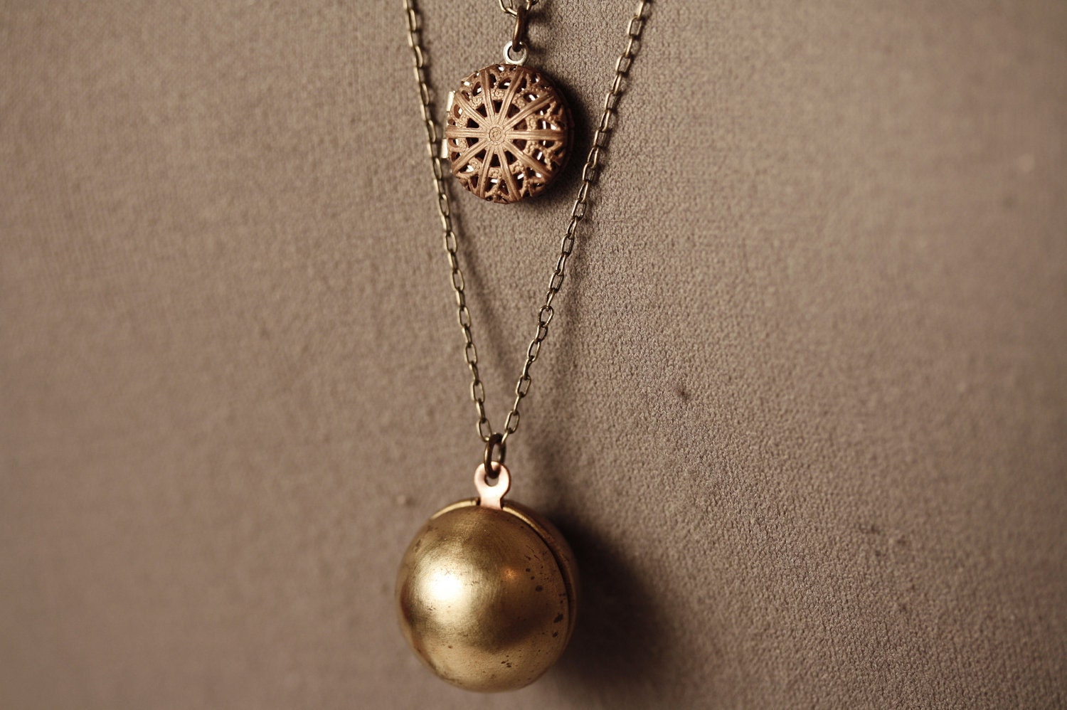 Double Locket and Chain Necklace, Small Filigree Pendant, Multiple, Ball Locket, Long Two Tier, Round, Sphere Shape, Copper, Brass, Layered