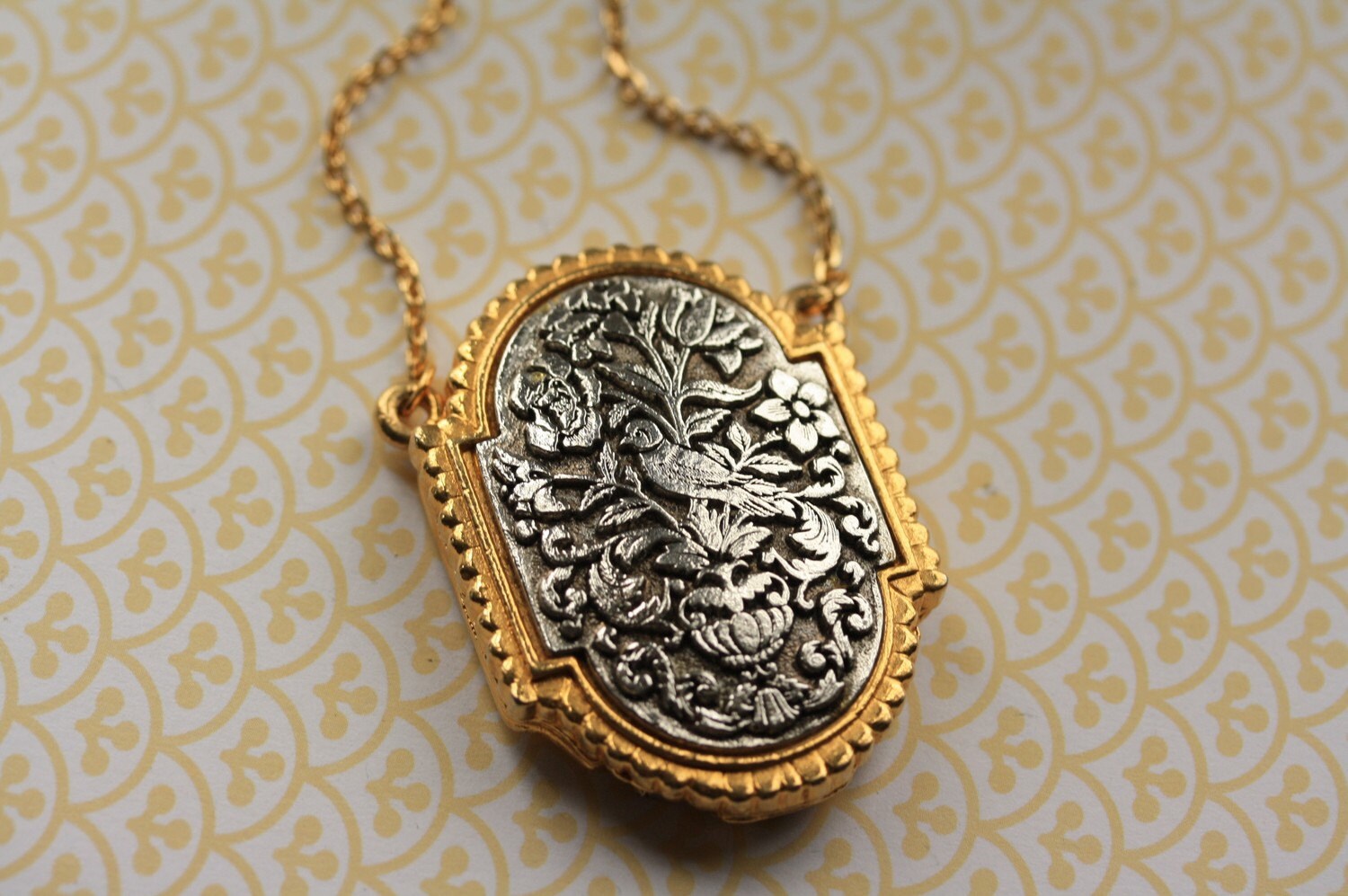 Vintage Bird Locket Necklace, Silver and Gold Pendant, Long Chain