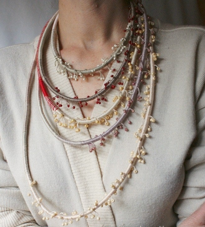 grey and red necklace Hand wrapped Etno fiber jewelry African style necklace Made to order