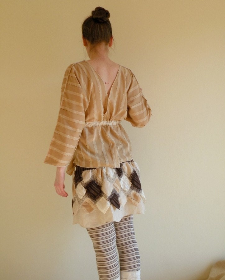Beige Jacket V Neck and Kimono Sleeves Upcycled Womans Clothing Spring Summer Fashion