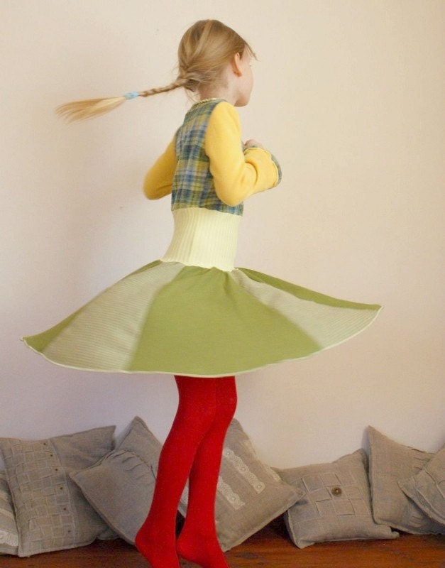 Twirling Dress for Girl Kids Yellow Girl's Clothing Green Eco Friendly Funky Style Winter Fashion Upcycled Clothing