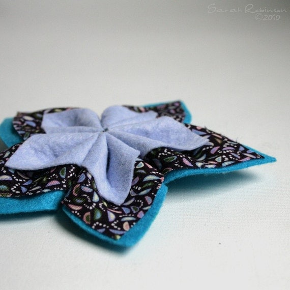 Blue Flower Brooch Big Purple Kanzashi Fabric