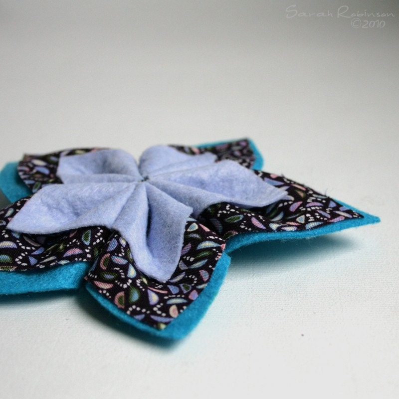 Blue Flower Brooch Big Purple Kanzashi Fabric