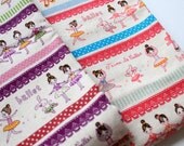 Cotton Linen Blend Fabric - Purple and Green Cute Little Ballerinas 70cm X 50cm