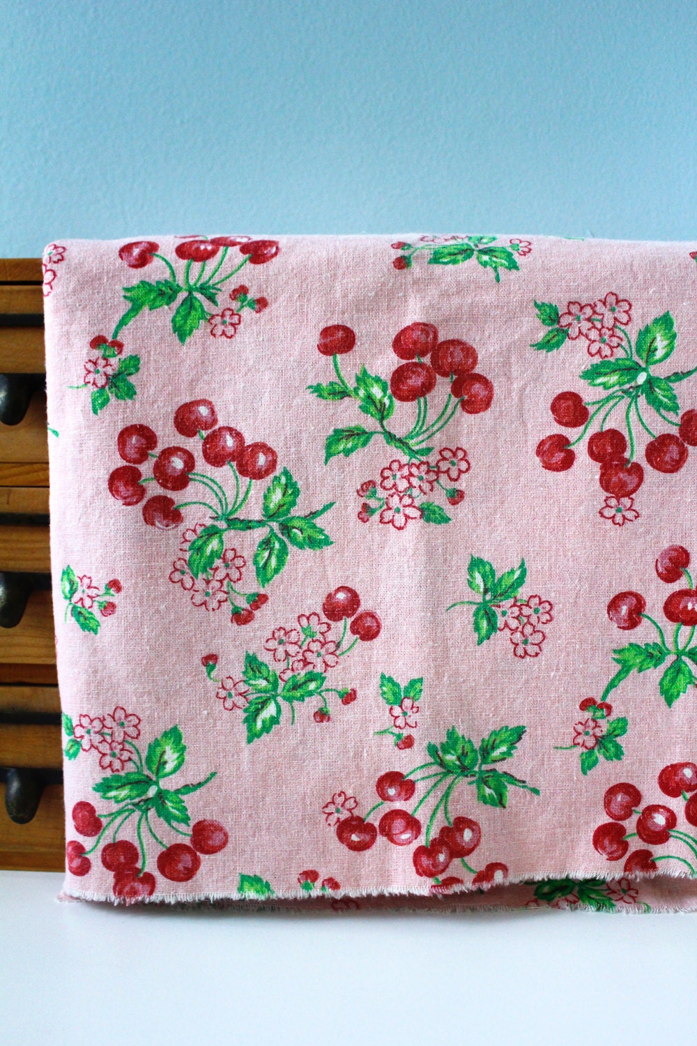 Cotton Linen Blend Fabric -  Lovely Cherries Red Pink Green