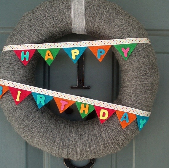 Happy Birthday Bunting Banner Handmade Front Door Yarn Wreath - 12in