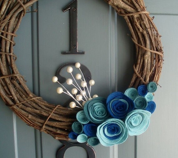 Grapevine Wreath Felt Handmade Door Decoration 12in - Blueberry