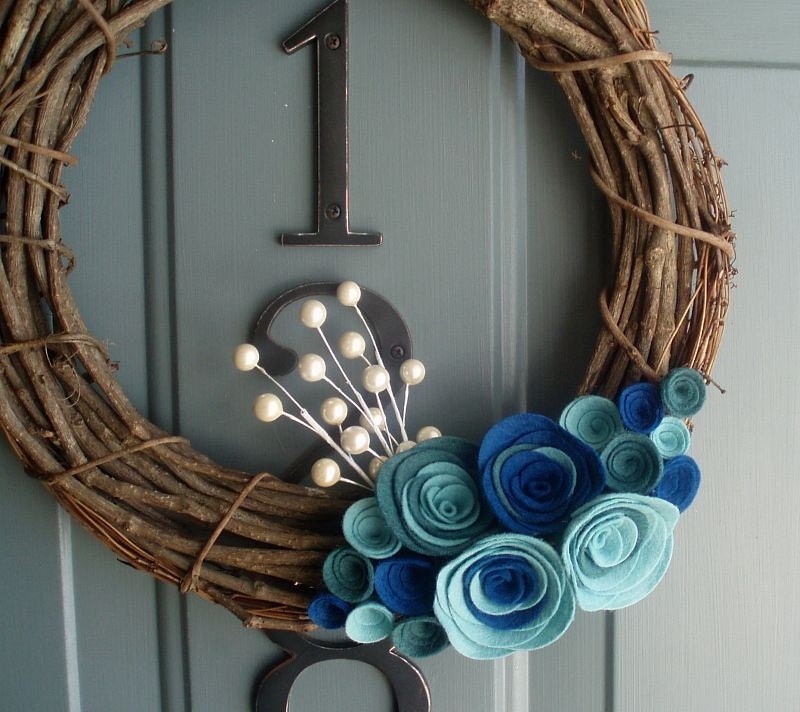 Grapevine Wreath Felt Handmade Door Decoration 12in - Blueberry