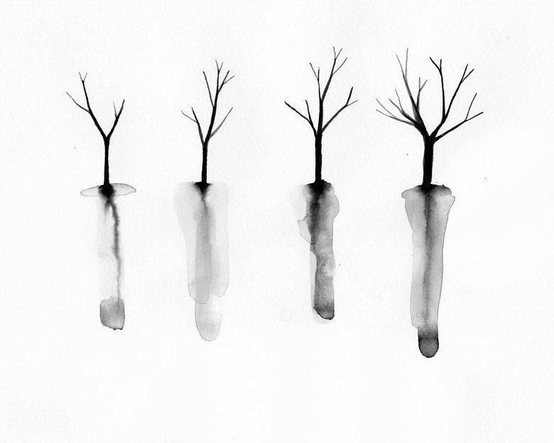 Autumn Trees with Roots Art Print - Fall Tree Silhouettes - Minimalist watercolor - Black and White Halloween Decor