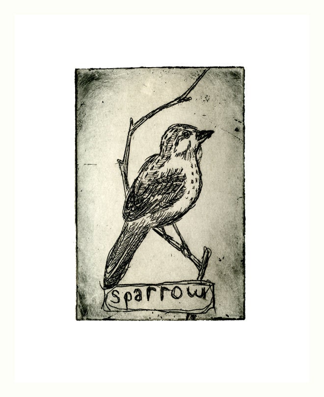 Bird Decor - Sparrow Art Print - Bird Art - Print of Etching - Monochromatic Art - Woodland Forest Bird on a Branch - 8 x 10