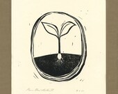 Gardeners Gift Idea - Plant in the Garden Art Print - Plant with Roots Home Decor - Signed Original Linocut Print  - 8 x 10 -  Holiday Sale