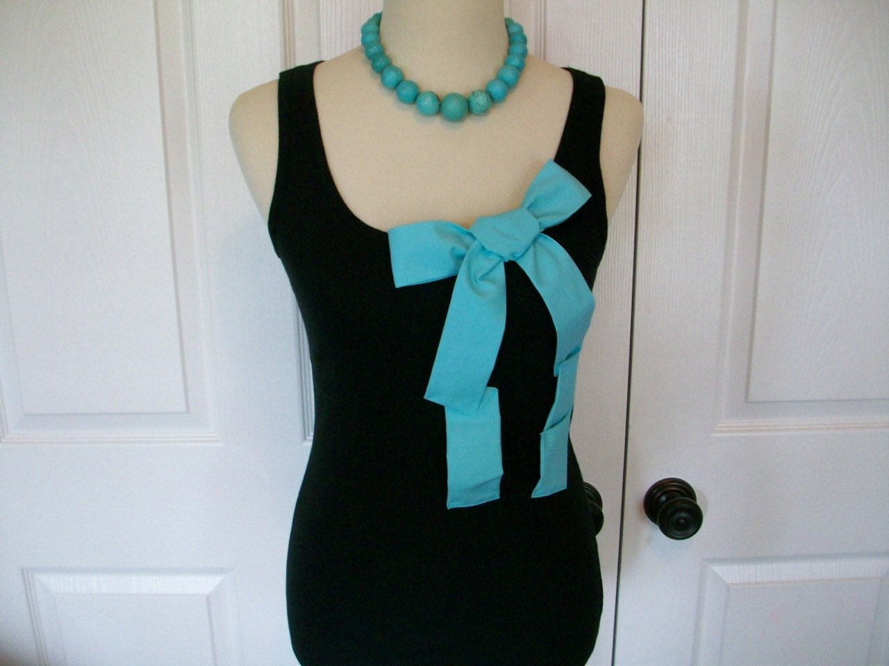 Embellished Black Tank Top with Fabulously Fun Turquoise Bow