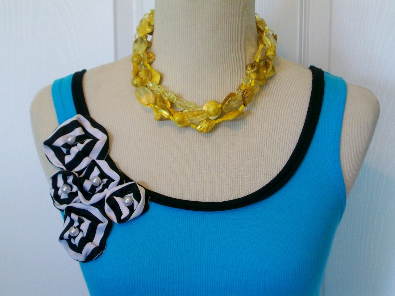 Embellished Tank Top in in Turquoise with Black Ribbon Trim Striped Black and White Roses with Pearls
