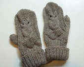 Owl Mittens Hand Knit Wool Mittens for Women in Light Grey