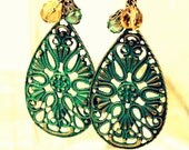 Mermaid Knits Earrings with large textured filigree metal drops, antiqued bronze metal and glass beads