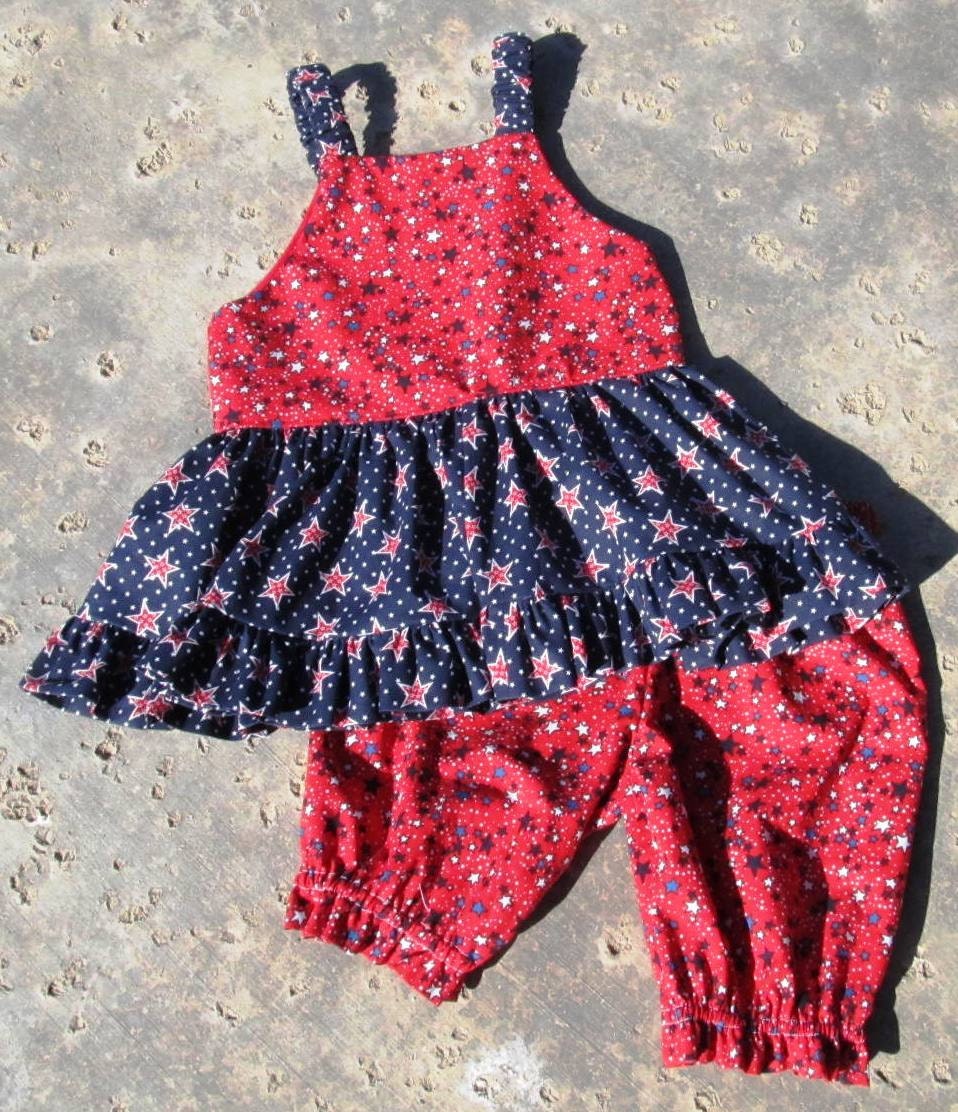 Baby Girls Fourth of July Custom Swing Top and Bloomers Red and Navy Blue Outfit Set Sizes 6 12 18 Months 2 3 4 Years