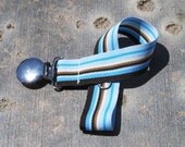 Boys Pacifier Clip- Preppy Stripes- Sand and Sea- Turquoise Blue Mocha Brown Cream Light Blue