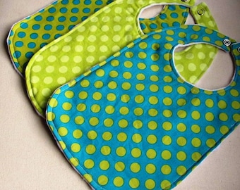 Baby Bibs, Set of 3, Baby Girl Bibs, Baby Boy Bibs, Michael Miller Ta Dot and White Bubble Dot Minky