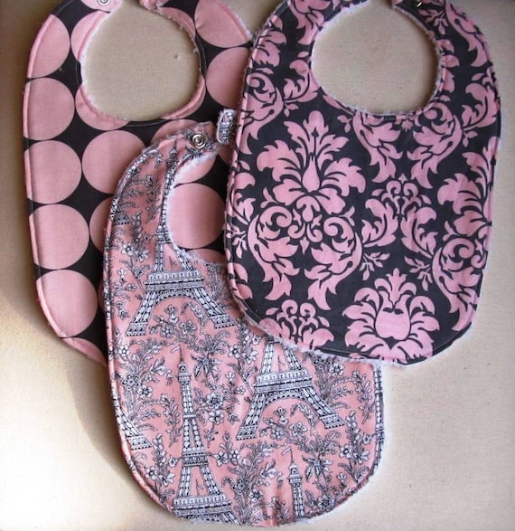Girls Baby Bibs, Set of 3, Michael Miller Pink Eiffel Tower, Dandy Damask, Disco Dot with White Chenille Custom Baby Bibs Ready To Ship